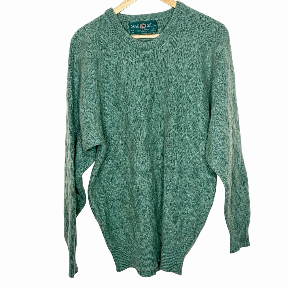 Alan Paine Vintage Cable Knit Cashmere Sweater Green Mens US Size 42 Inches